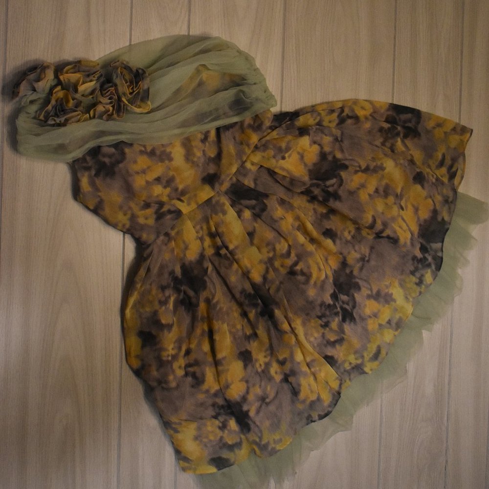 Unique One Shoulder Floral Dress - Yellow and Mint Green